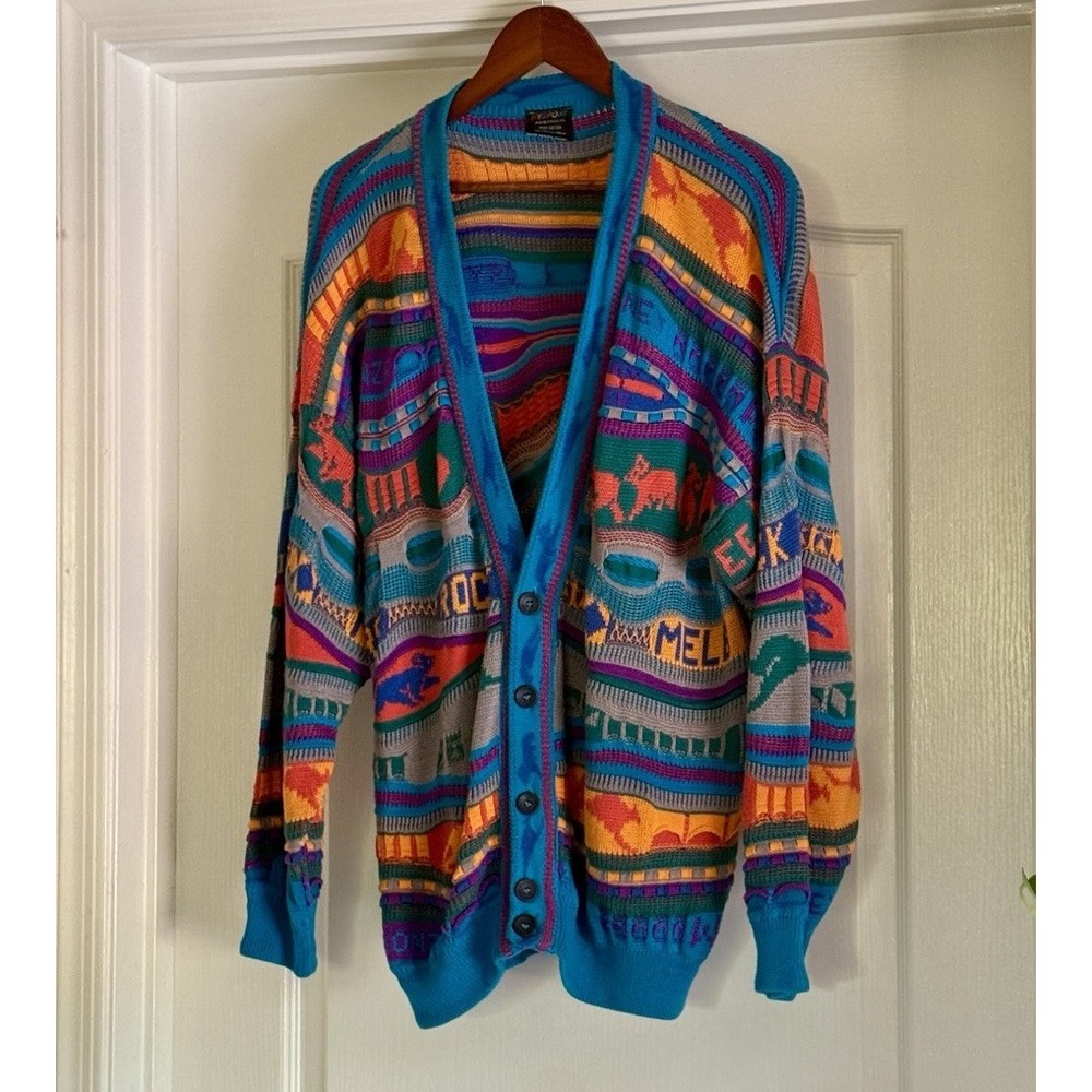 Vintage HySport Australia 100% Cotton Cardigan Sweater Men's Size 14 Coogi Style - Picture 2 of 16